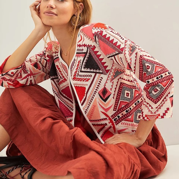 Anthropologie Jackets & Blazers - ANTHROPOLOGIE Abstract Quilted Jacket Pink & Red Embroidered